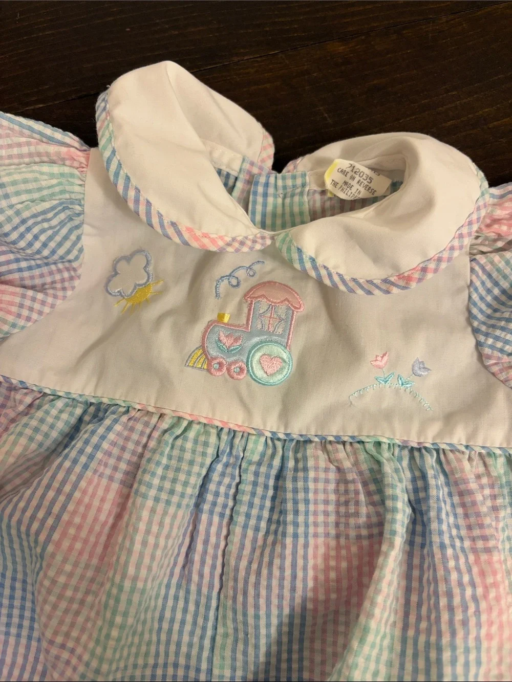 Vintage Pastel Gingham Baby Bubble Romper with Embroidered Train 3-6 months